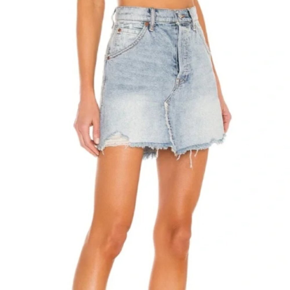 We The Free Light Wash Denim Raw Hem Cut Off Mini Skirt